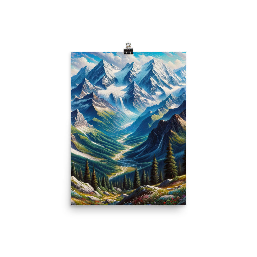 Panorama-Ölgemälde der Alpen mit schneebedeckten Gipfeln und schlängelnden Flusstälern - Poster berge xxx yyy zzz 30.5 x 40.6 cm