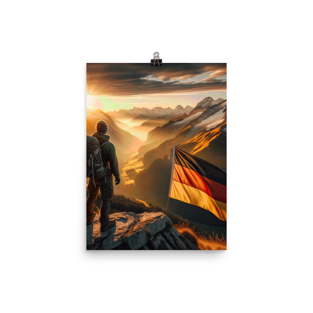 Foto der Alpen bei Sonnenuntergang mit deutscher Flagge und Wanderer, goldenes Licht auf Schneegipfeln - Enhanced Matte Paper Poster berge xxx yyy zzz 30.5 x 40.6 cm