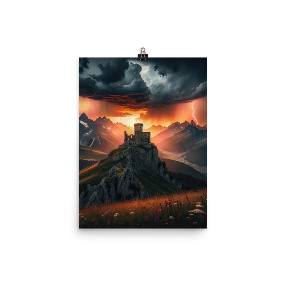 Foto einer Alpenburg bei stürmischem Sonnenuntergang, dramatische Wolken und Sonnenstrahlen - Poster berge xxx yyy zzz 30.5 x 40.6 cm