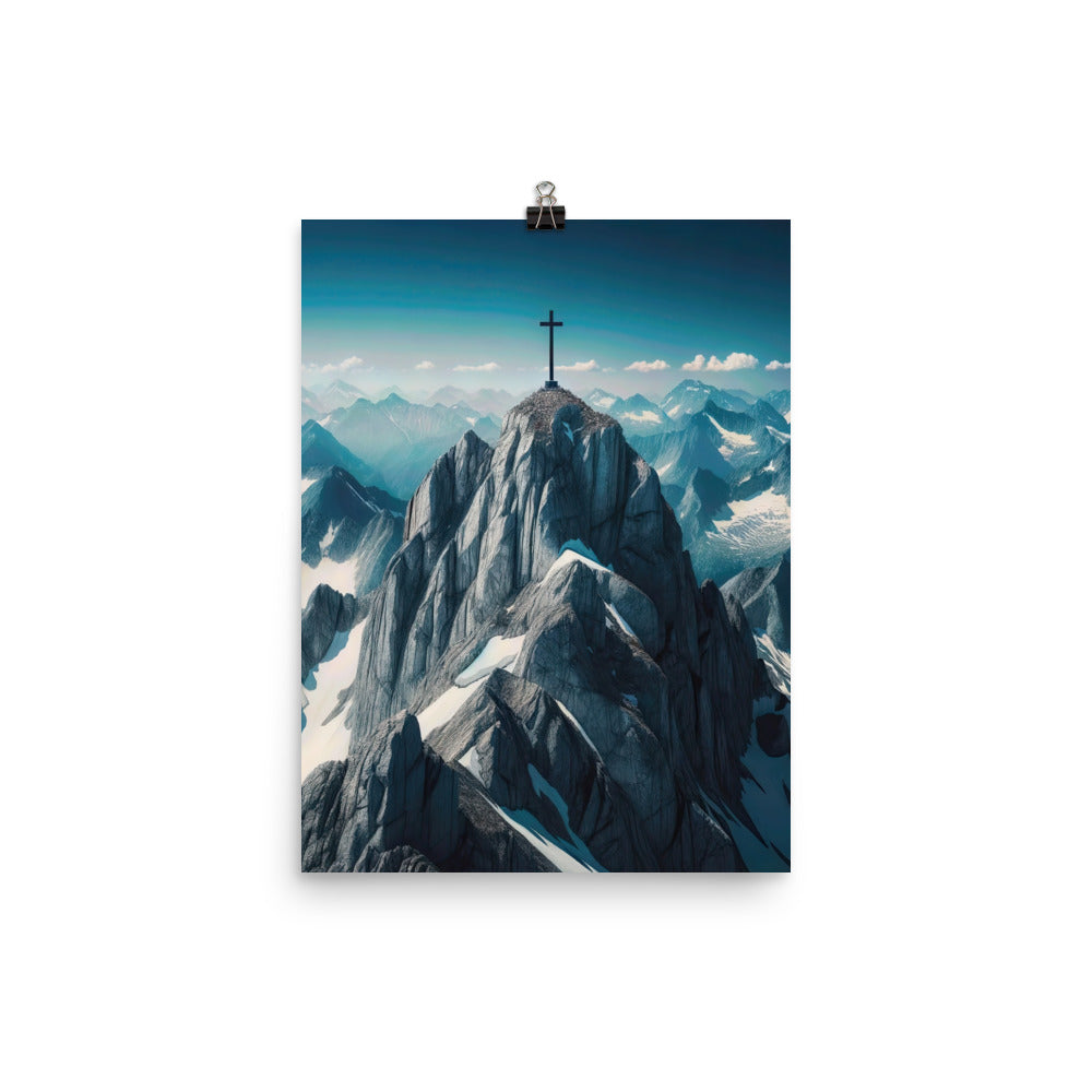 Foto der Alpen mit Gipfelkreuz an einem klaren Tag, schneebedeckte Spitzen vor blauem Himmel - Poster berge xxx yyy zzz 30.5 x 40.6 cm