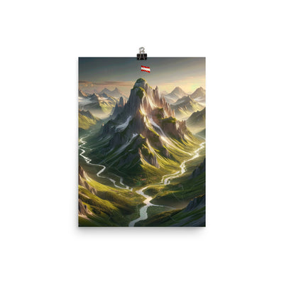 Fotorealistisches Bild der Alpen mit österreichischer Flagge, scharfen Gipfeln und grünen Tälern - Poster berge xxx yyy zzz 30.5 x 40.6 cm