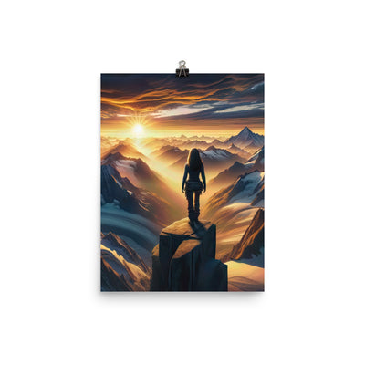 Fotorealistische Darstellung der Alpen bei Sonnenaufgang, Wanderin unter einem gold-purpurnen Himmel - Poster wandern xxx yyy zzz 30.5 x 40.6 cm