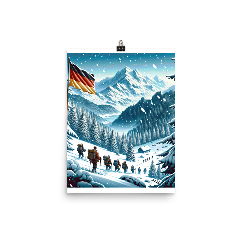 Quadratische Winterillustration der Alpen mit deutscher Flagge und Wanderteam - Poster wandern xxx yyy zzz 30.5 x 40.6 cm