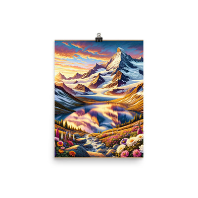 Quadratische Illustration der Alpen mit schneebedeckten Gipfeln und Wildblumen - Poster berge xxx yyy zzz 30.5 x 40.6 cm