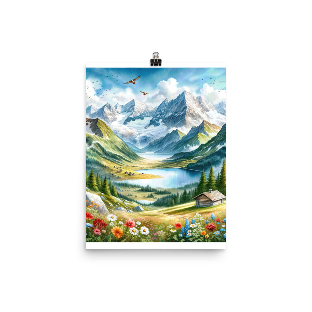 Quadratisches Aquarell der Alpen, Berge mit schneebedeckten Spitzen - Poster berge xxx yyy zzz 30.5 x 40.6 cm