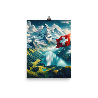 Ultraepische, fotorealistische Darstellung der Schweizer Alpenlandschaft mit Schweizer Flagge - Poster berge xxx yyy zzz 30.5 x 40.6 cm