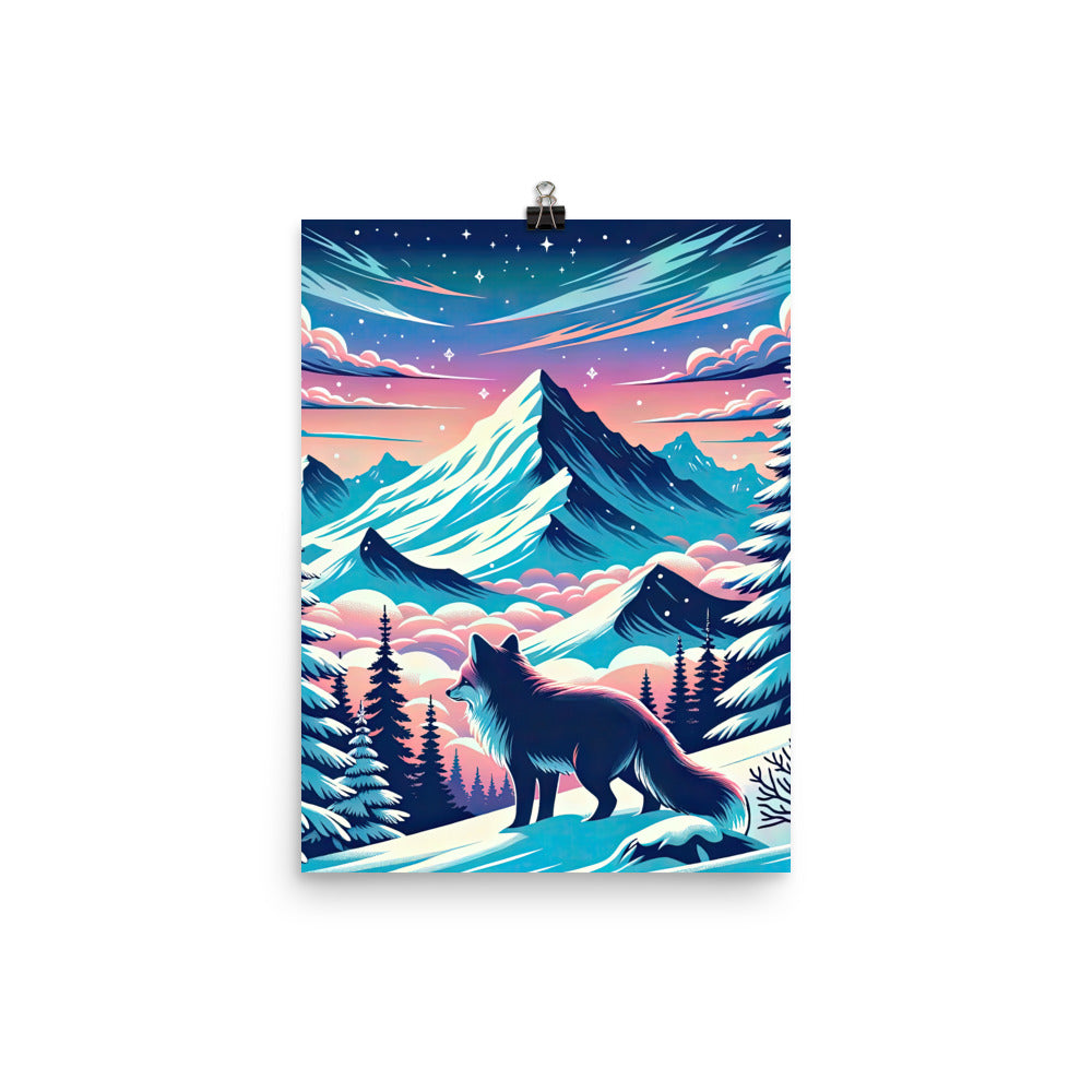 Vektorgrafik eines alpinen Winterwunderlandes mit schneebedeckten Kiefern und einem Fuchs - Poster camping xxx yyy zzz 30.5 x 40.6 cm