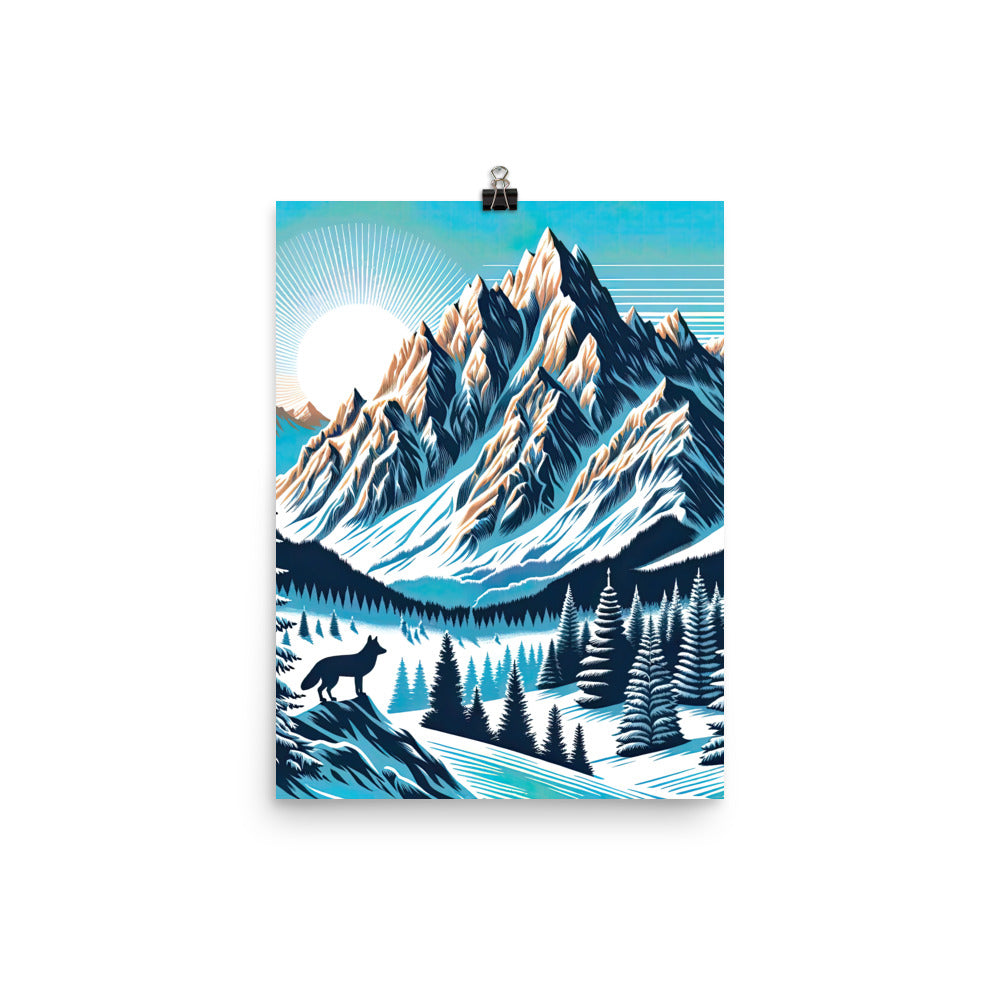 Vektorgrafik eines Wolfes im winterlichen Alpenmorgen, Berge mit Schnee- und Felsmustern - Poster berge xxx yyy zzz 30.5 x 40.6 cm