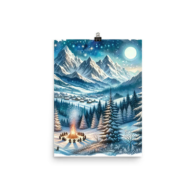 Aquarell eines Winterabends in den Alpen mit Lagerfeuer und Wanderern, glitzernder Neuschnee - Poster camping xxx yyy zzz 30.5 x 40.6 cm