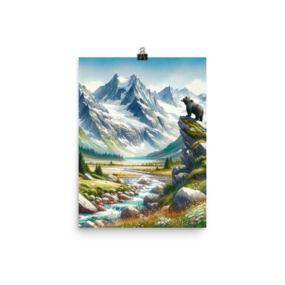 Aquarellmalerei eines Bären und der sommerlichen Alpenschönheit mit schneebedeckten Ketten - Poster camping xxx yyy zzz 30.5 x 40.6 cm