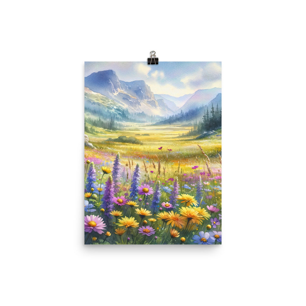Aquarell einer Almwiese in Ruhe, Wildblumenteppich in Gelb, Lila, Rosa - Poster berge xxx yyy zzz 30.5 x 40.6 cm