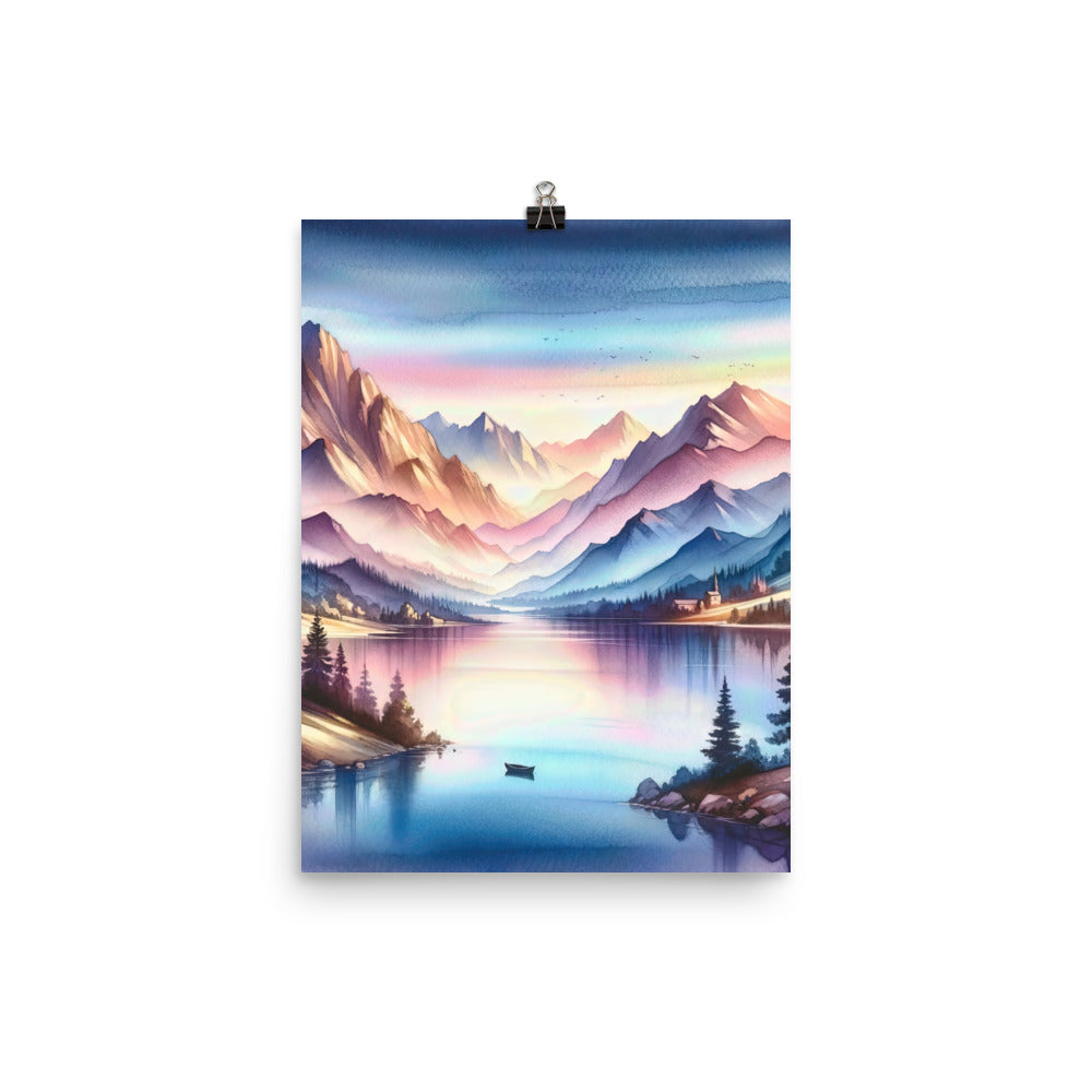 Aquarell einer Dämmerung in den Alpen, Boot auf einem See in Pastell-Licht - Poster berge xxx yyy zzz 30.5 x 40.6 cm