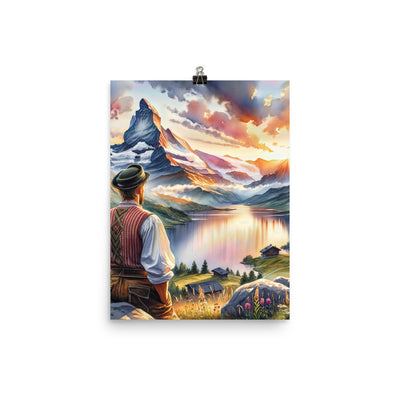 Aquarell einer Berglandschaft in der goldenen Stunde mit österreichischem Wanderer - Poster wandern xxx yyy zzz 30.5 x 40.6 cm
