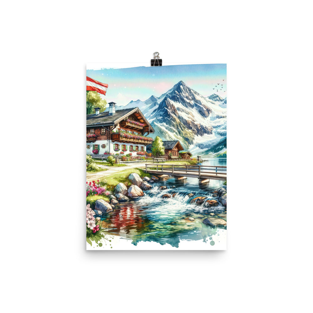 Aquarell der frühlingshaften Alpenkette mit österreichischer Flagge und schmelzendem Schnee - Poster berge xxx yyy zzz 30.5 x 40.6 cm