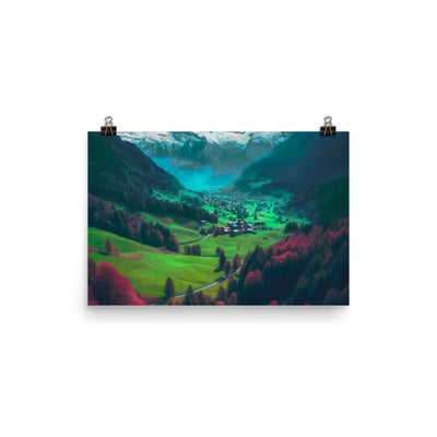Berglandschaft und Dorf - Fotorealistische Malerei - Poster berge xxx 30.5 x 45.7 cm