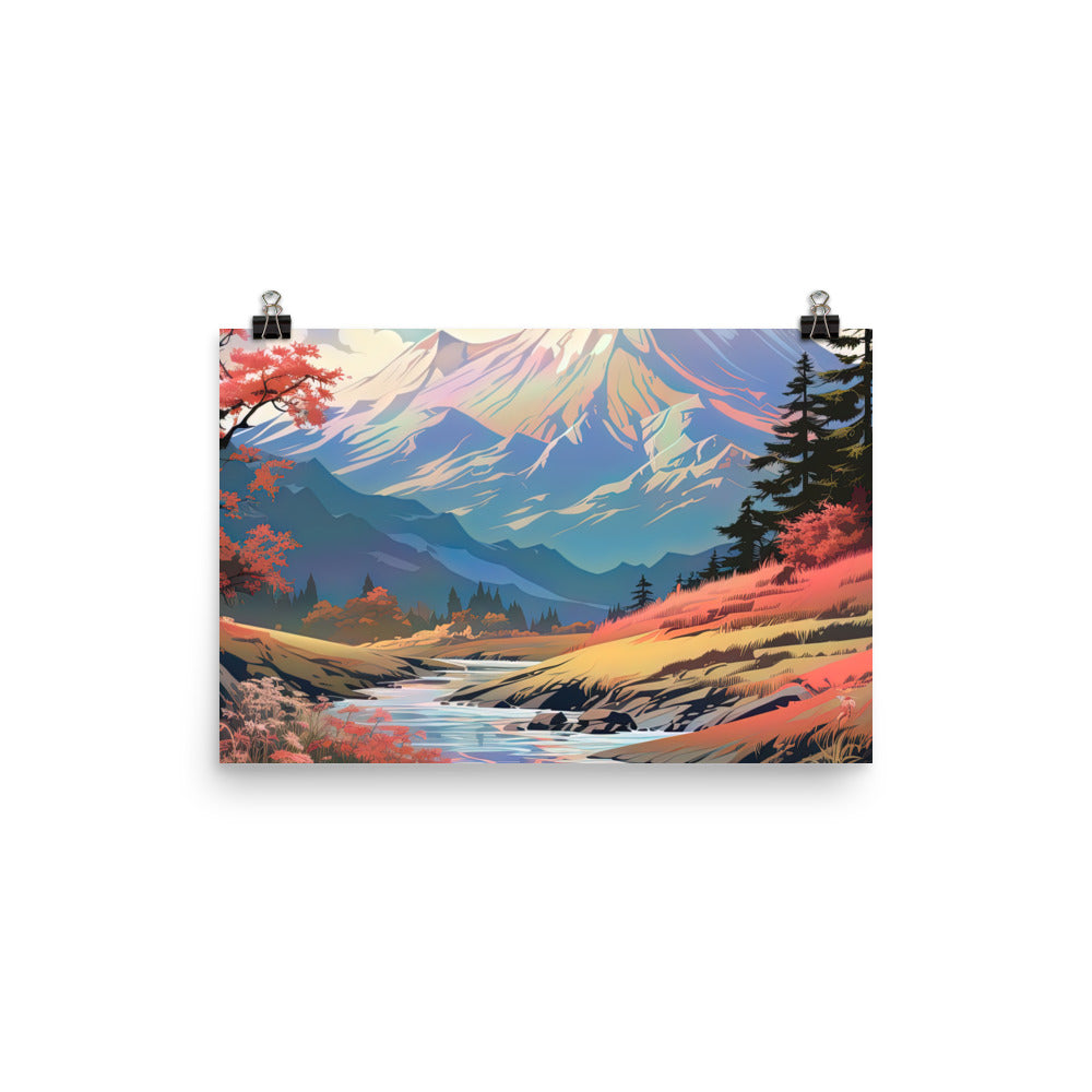 Berge. Fluss und Blumen - Malerei - Poster berge xxx 30.5 x 45.7 cm