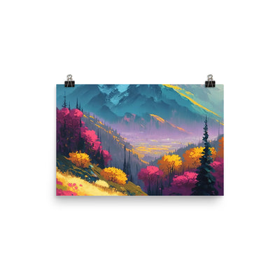 Berge, pinke und gelbe Bäume, sowie Blumen - Farbige Malerei - Poster berge xxx 30.5 x 45.7 cm