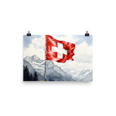 Schweizer Flagge und Berge im Hintergrund - Epische Stimmung - Malerei - Poster berge xxx 30.5 x 45.7 cm