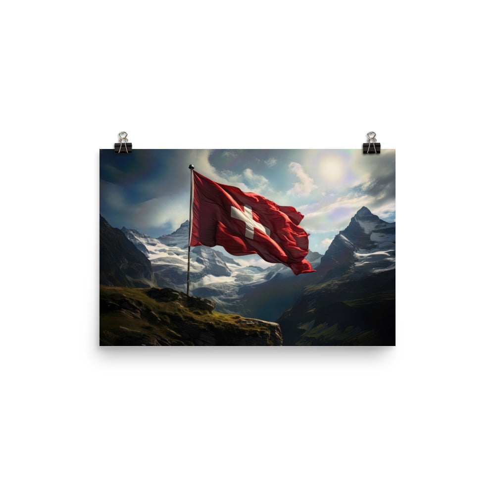 Schweizer Flagge und Berge im Hintergrund - Fotorealistische Malerei - Poster berge xxx 30.5 x 45.7 cm