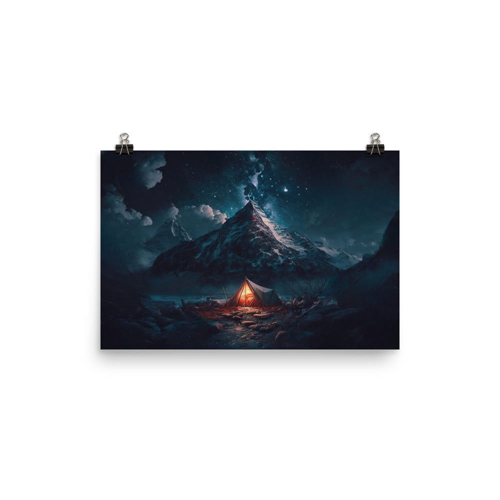 Zelt und Berg in der Nacht - Sterne am Himmel - Landschaftsmalerei - Poster camping xxx 30.5 x 45.7 cm