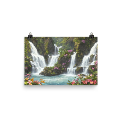 Wasserfall im Wald und Blumen - Schöne Malerei - Poster camping xxx 30.5 x 45.7 cm