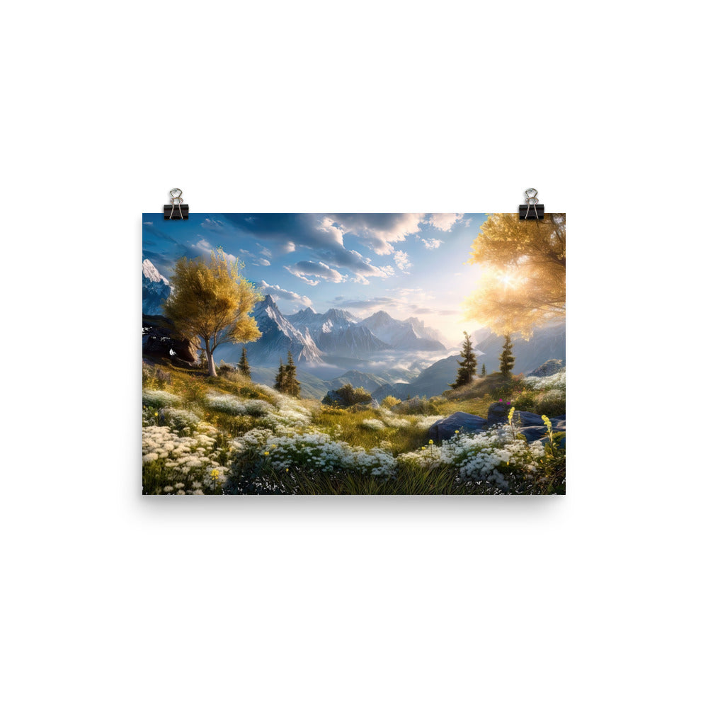Berglandschaft mit Sonnenschein, Blumen und Bäumen - Malerei - Poster berge xxx 30.5 x 45.7 cm