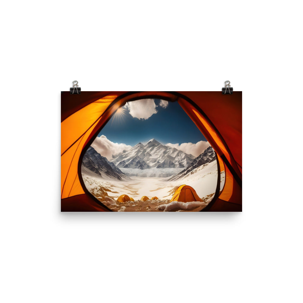 Foto aus dem Zelt - Berge und Zelte im Hintergrund - Tagesaufnahme - Poster camping xxx 30.5 x 45.7 cm