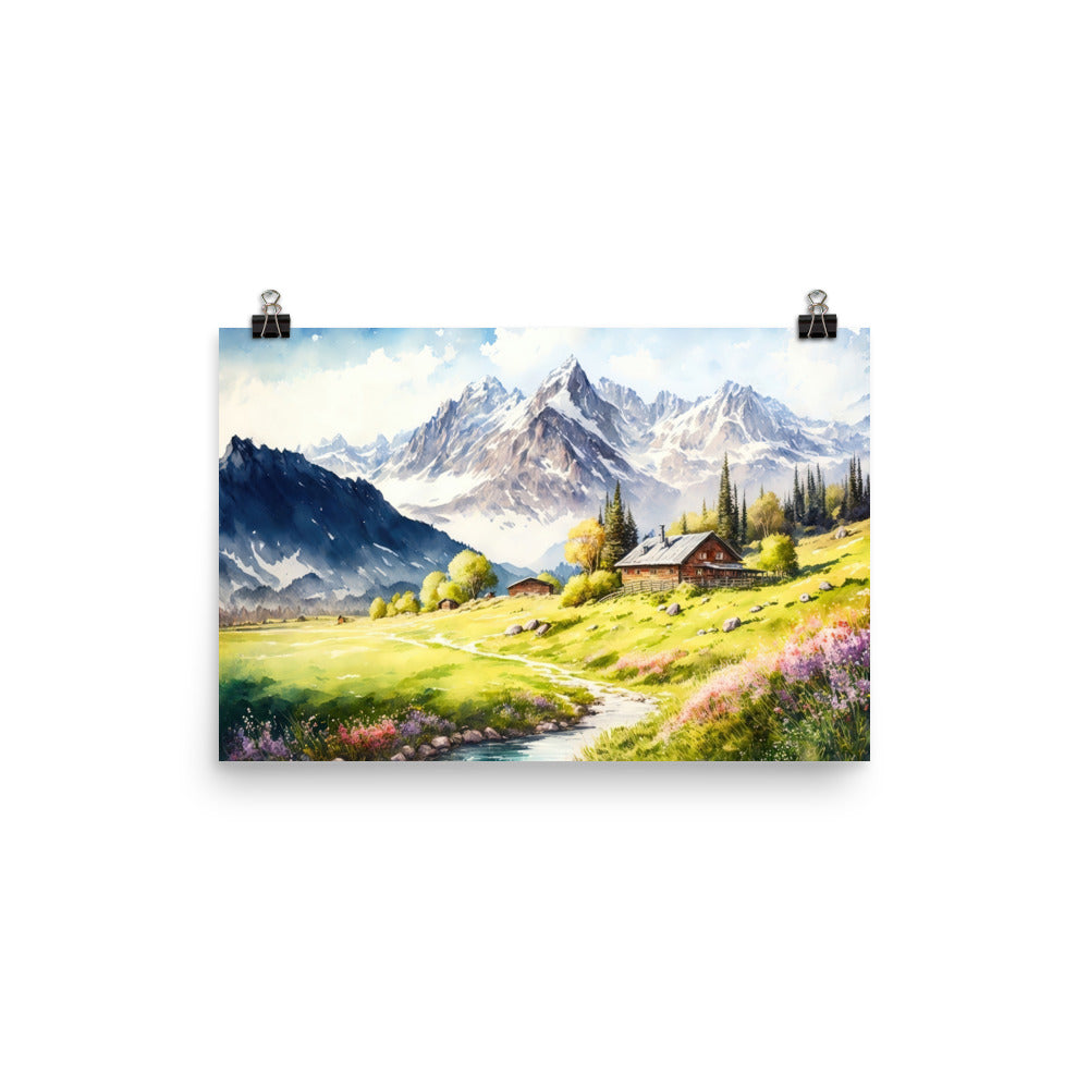 Epische Berge und Berghütte - Landschaftsmalerei - Poster berge xxx 30.5 x 45.7 cm