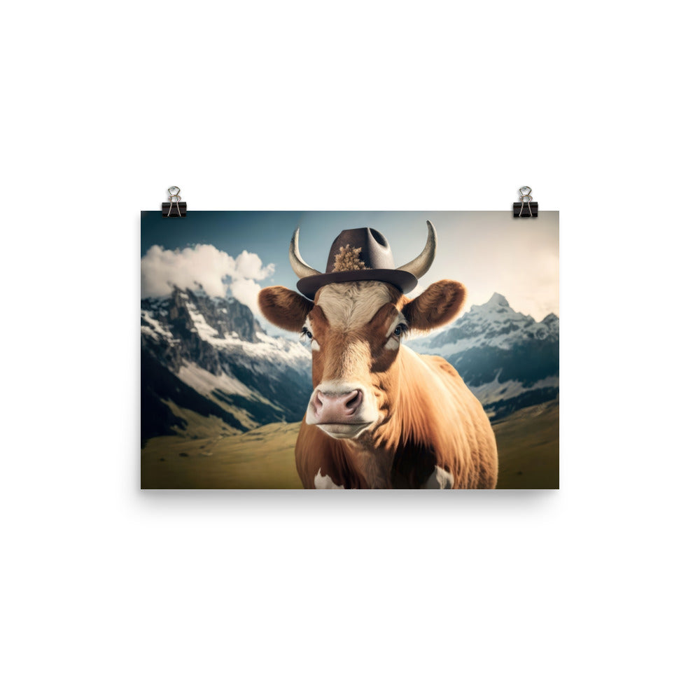 Kuh mit Hut in den Alpen - Berge im Hintergrund - Landschaftsmalerei - Poster berge xxx 30.5 x 45.7 cm