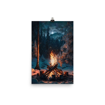 Lagerfeuer beim Camping - Wald mit Schneebedeckten Bäumen - Malerei - Poster camping xxx 30.5 x 45.7 cm