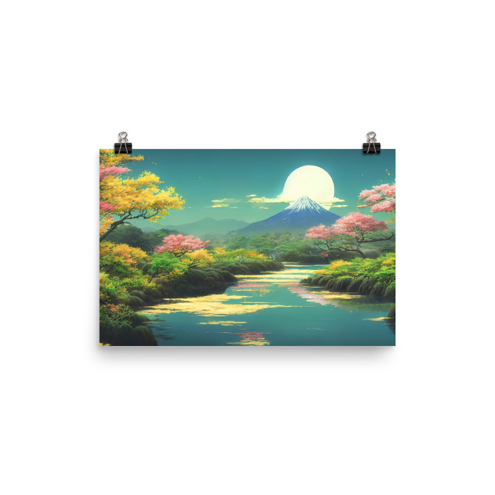 Berg, See und Wald mit pinken Bäumen - Landschaftsmalerei - Poster berge xxx 30.5 x 45.7 cm