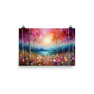 Berge, See, pinke Bäume und Blumen - Malerei - Poster berge xxx 30.5 x 45.7 cm