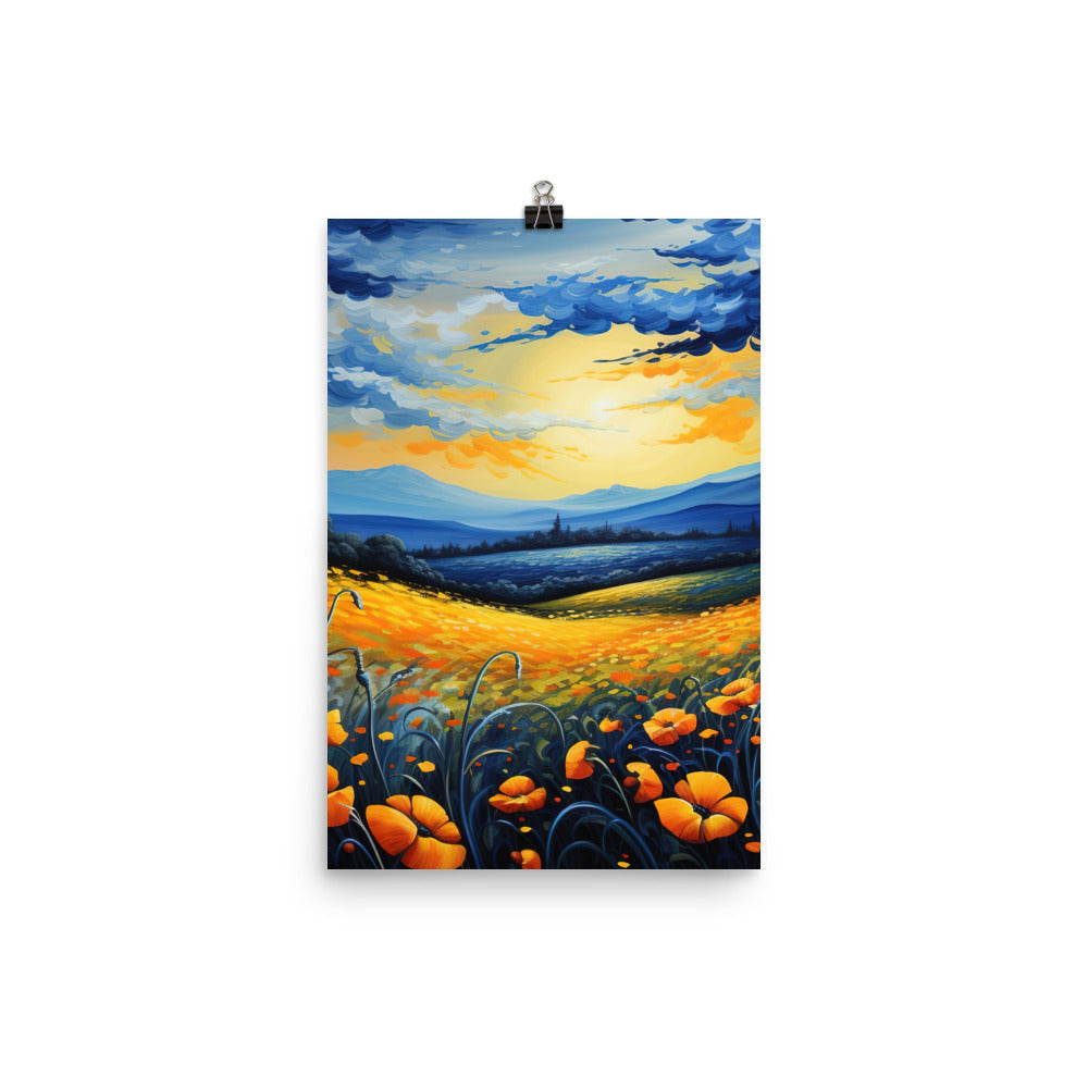Berglandschaft mit schönen gelben Blumen - Landschaftsmalerei - Poster berge xxx 30.5 x 45.7 cm