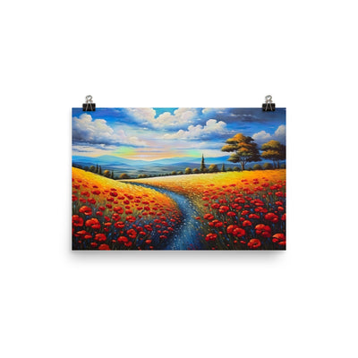 Feld mit roten Blumen und Berglandschaft - Landschaftsmalerei - Poster berge xxx 30.5 x 45.7 cm