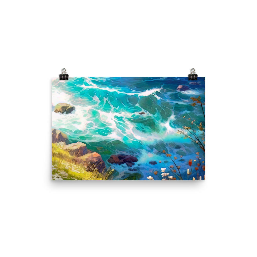 Berge, Blumen, Fluss und Steine - Malerei - Poster camping xxx 30.5 x 45.7 cm