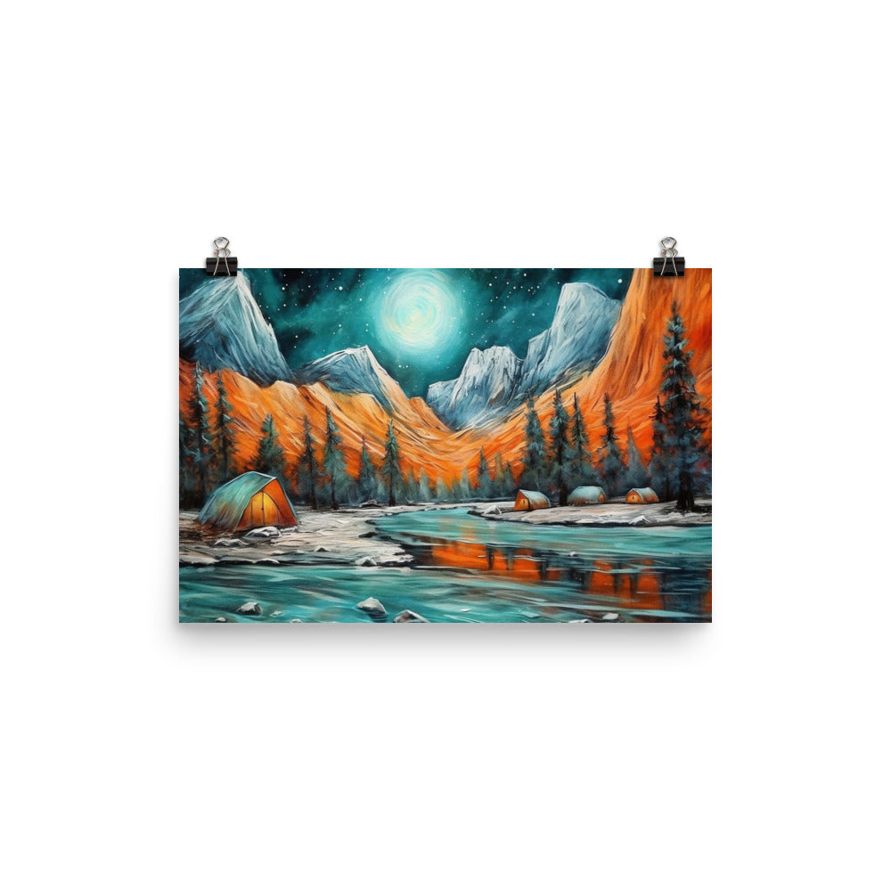 Berglandschaft und Zelte - Nachtstimmung - Landschaftsmalerei - Poster camping xxx 30.5 x 45.7 cm