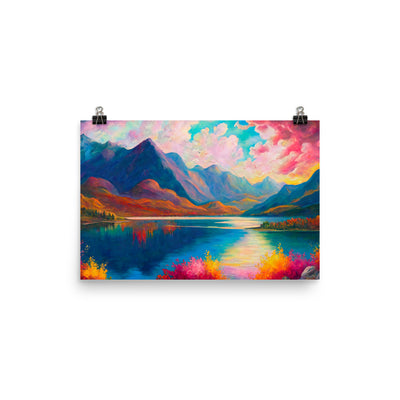 Berglandschaft und Bergsee - Farbige Ölmalerei - Poster berge xxx 30.5 x 45.7 cm