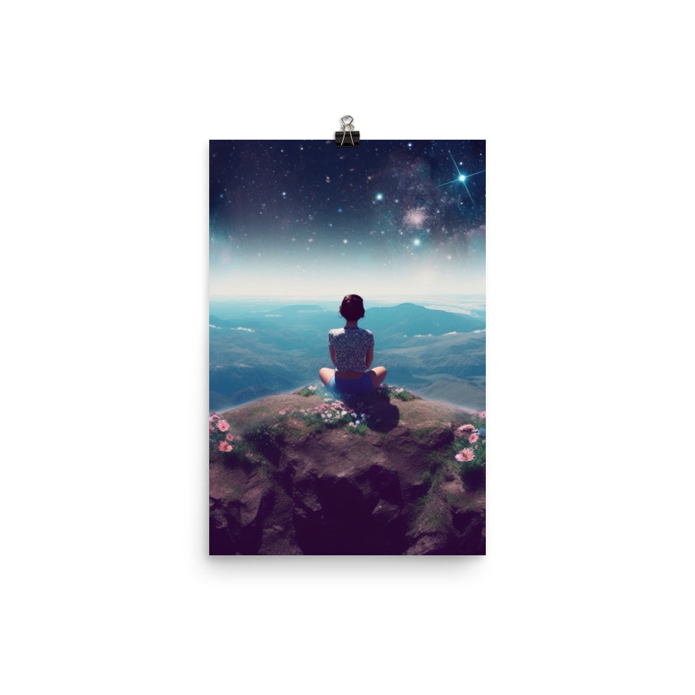Frau sitzt auf Berg – Cosmos und Sterne im Hintergrund - Landschaftsmalerei - Poster berge xxx 30.5 x 45.7 cm