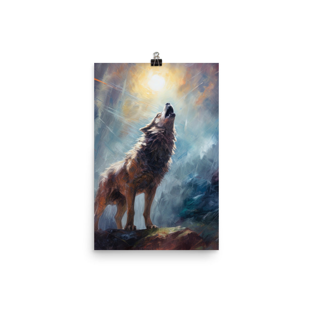 Heulender Wolf auf Berggipfel und Mond im Hintergrund – Abstrakte Malerei - Poster camping xxx 30.5 x 45.7 cm