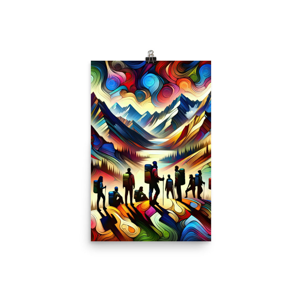 Abstraktes Kunstgemälde der Alpen voller lebendiger Muster. Ein vielfältiges Wanderteam, sowohl Männer als auch Frauen - Enhanced Matte wandern xxx yyy zzz 30.5 x 45.7 cm