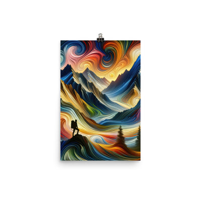 Abstraktes Kunstgemälde der Alpen mit wirbelnden, lebendigen Farben und dynamischen Mustern. Wanderer Silhouette - Enhanced Matte Paper wandern xxx yyy zzz 30.5 x 45.7 cm