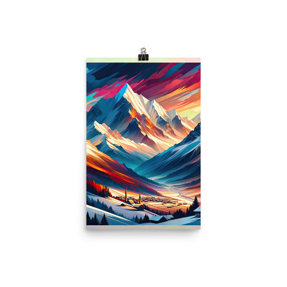 Moderne geometrische Alpen Kunst: Warmer Sonnenuntergangs Schein auf Schneegipfeln - Poster berge xxx yyy zzz 30.5 x 45.7 cm