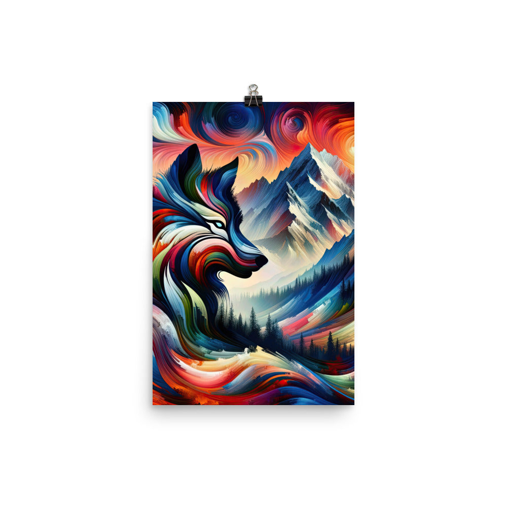 Abstrakte Kunst der Alpen mit majestätischer Wolfssilhouette. Lebendige, wirbelnde Farben, unvorhersehbare Muster (AN) - Enhanced Matte xxx yyy zzz 30.5 x 45.7 cm