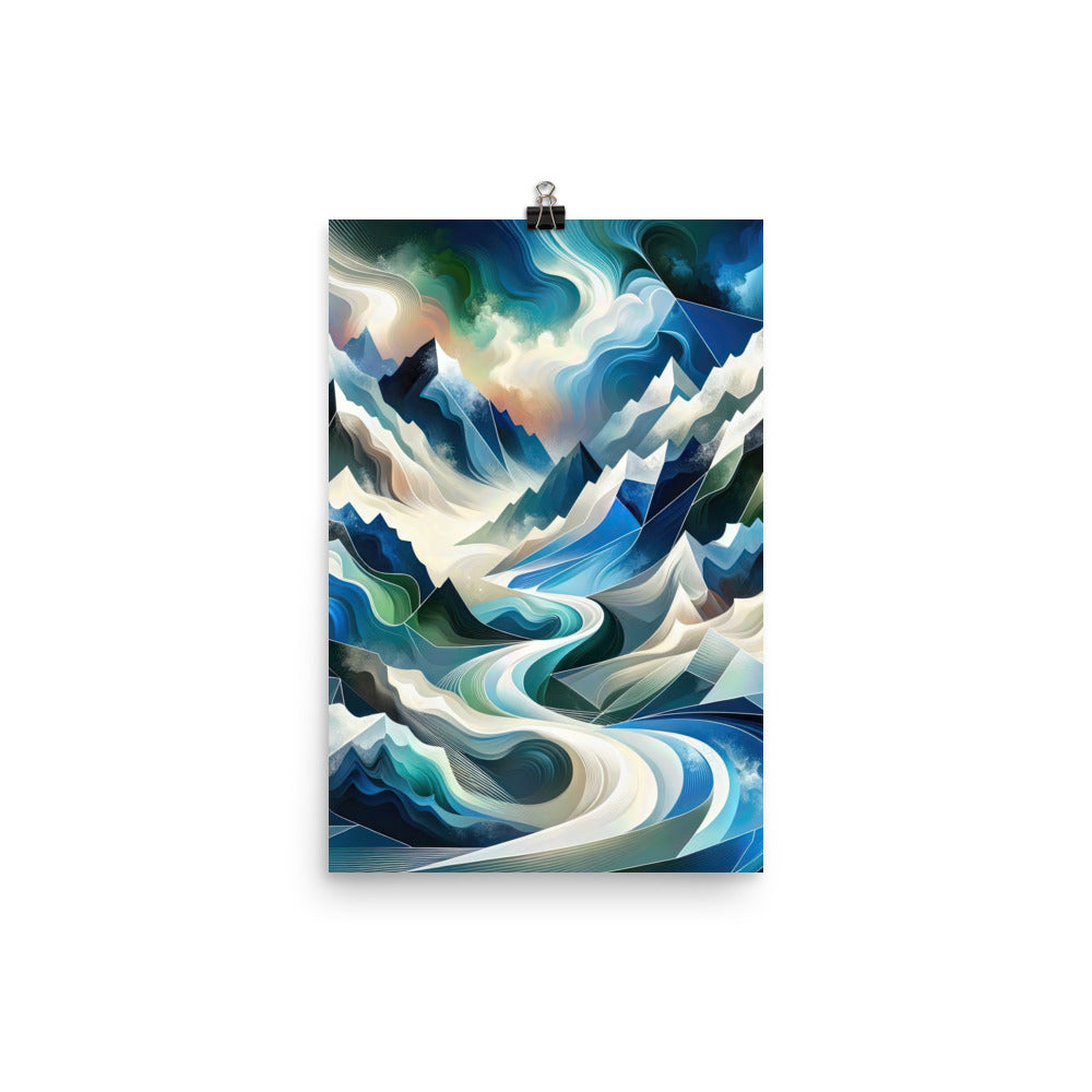 Abstrakte Kunst der Alpen, die geometrische Formen verbindet, um Berggipfel, Täler und Flüsse im Schnee darzustellen. . - Enhanced Matte berge xxx yyy zzz 30.5 x 45.7 cm