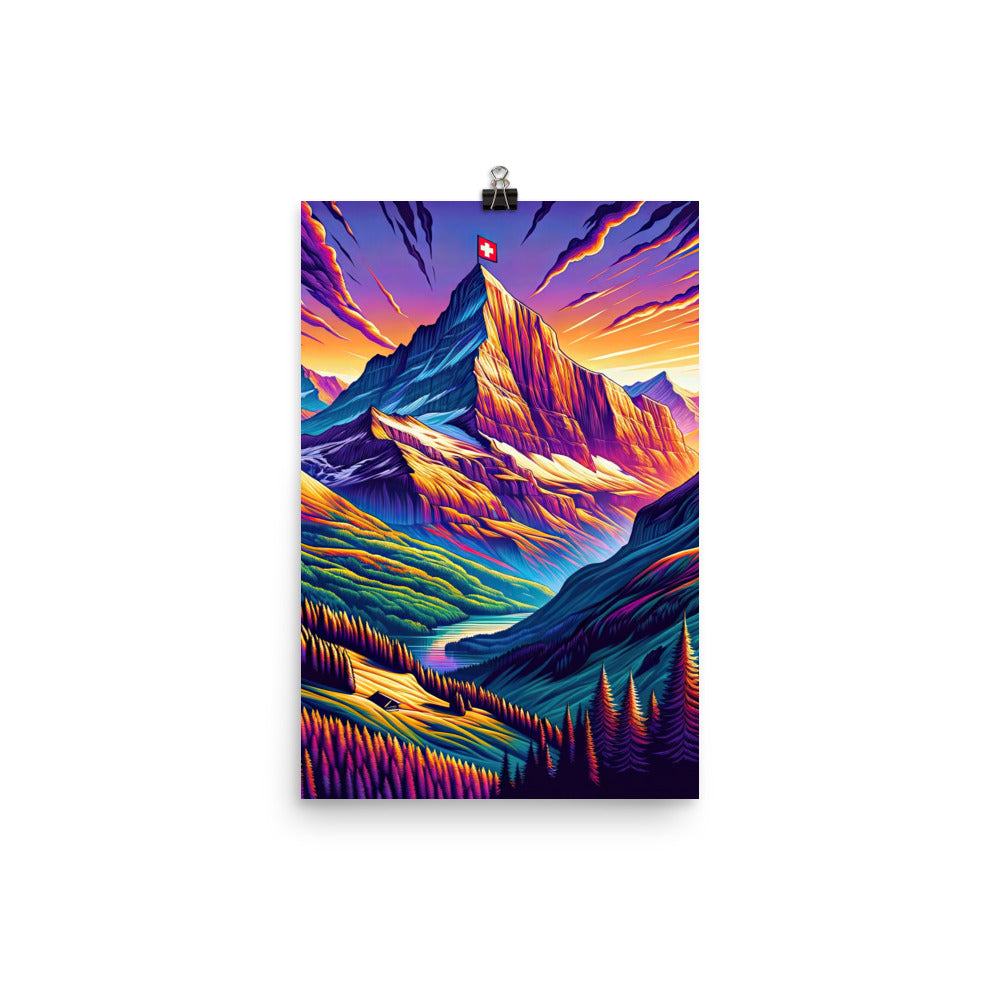 Bergpracht mit Schweizer Flagge: Farbenfrohe Illustration einer Berglandschaft - Poster berge xxx yyy zzz 30.5 x 45.7 cm