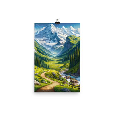 Wanderer in den Bergen und Wald: Digitale Malerei mit grünen kurvenreichen Pfaden - Poster wandern xxx yyy zzz 30.5 x 45.7 cm