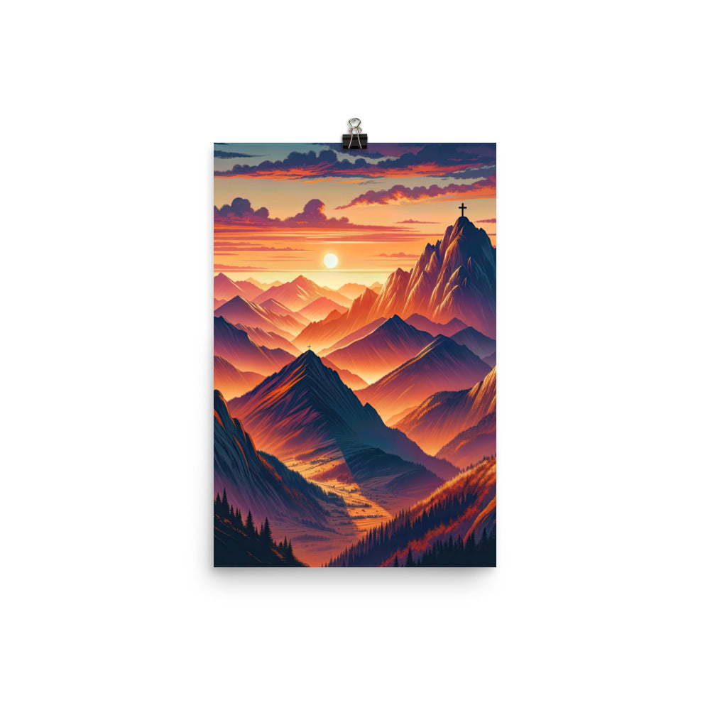 Dramatischer Alpen-Sonnenuntergang, Gipfelkreuz in Orange-Rosa - Poster berge xxx yyy zzz 30.5 x 45.7 cm