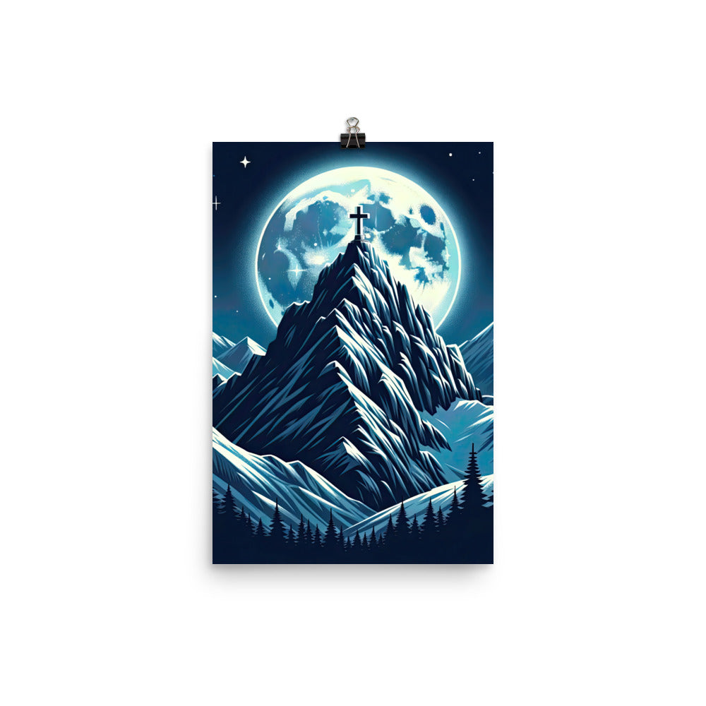 Mondnacht und Gipfelkreuz in den Alpen, glitzernde Schneegipfel - Poster berge xxx yyy zzz 30.5 x 45.7 cm