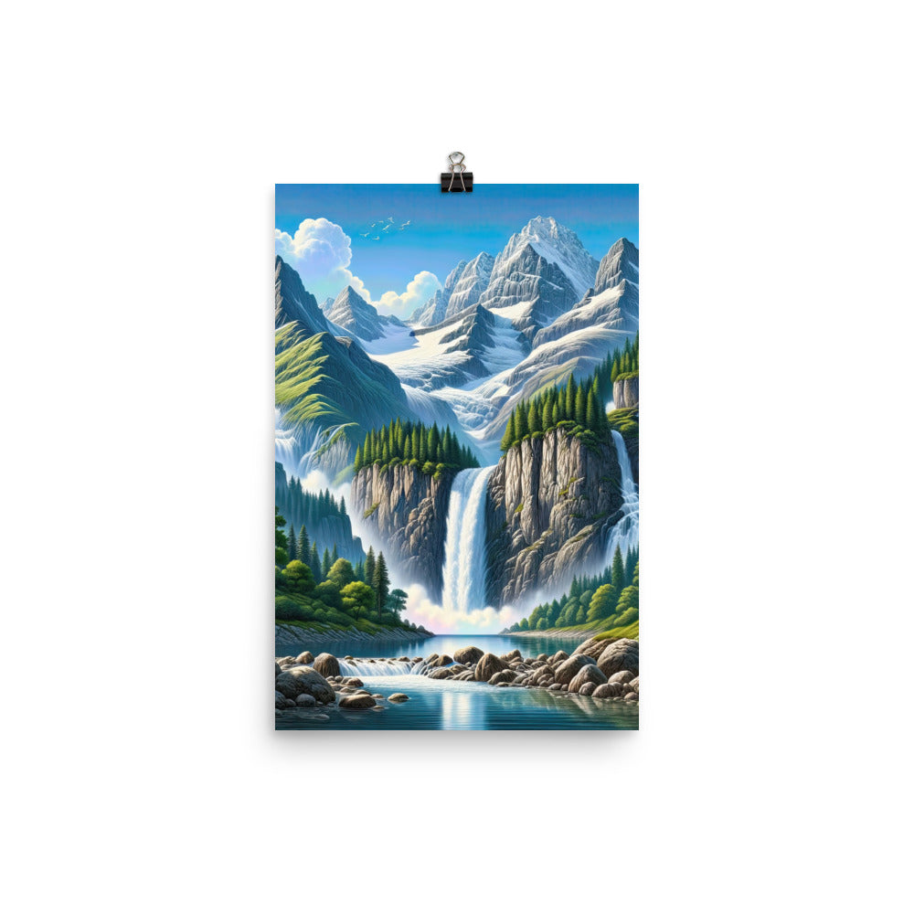 Illustration einer unberührten Alpenkulisse im Hochsommer. Wasserfall und See - Poster berge xxx yyy zzz 30.5 x 45.7 cm