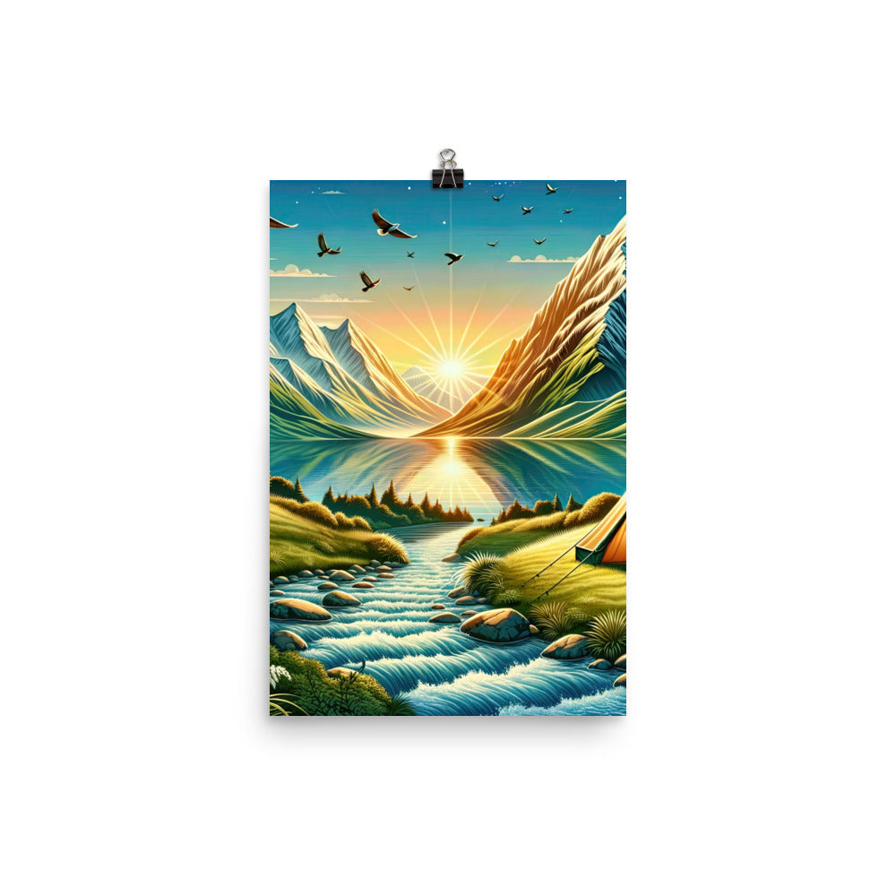 Zelt im Alpenmorgen mit goldenem Licht, Schneebergen und unberührten Seen - Poster berge xxx yyy zzz 30.5 x 45.7 cm